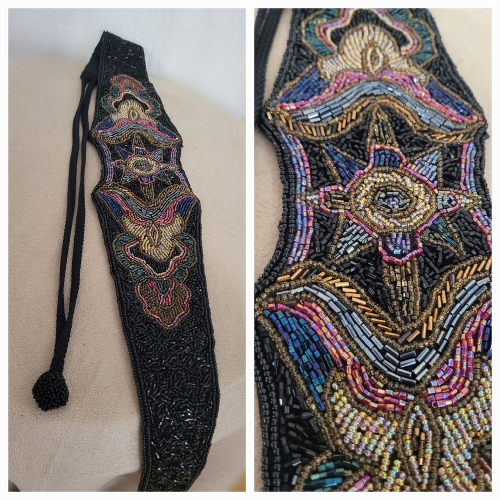 Elegant Beaded Black Waist Belt - Picture 6 of 12